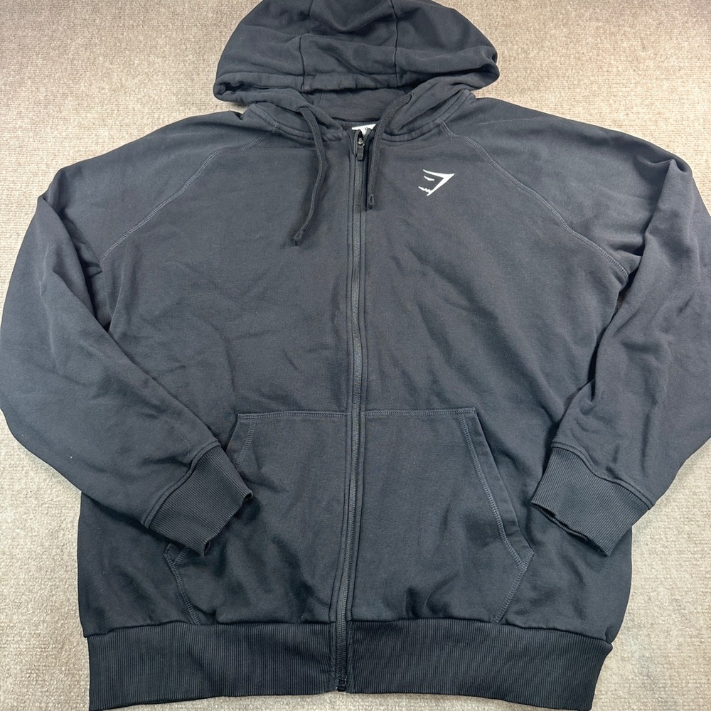 Gymshark Mens XL Black Full Zip Fleece Hoodie Athletic Sweatshirt Logo 6800